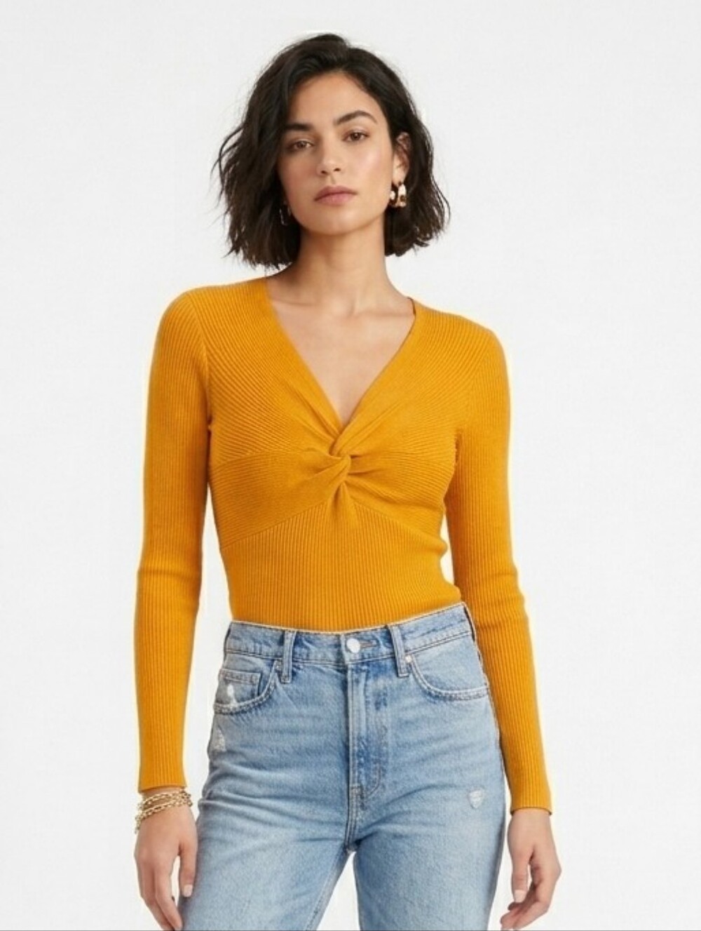No Boundaries Juniors Mustard Yellow V-Neck Twist Front Sweater 11-13